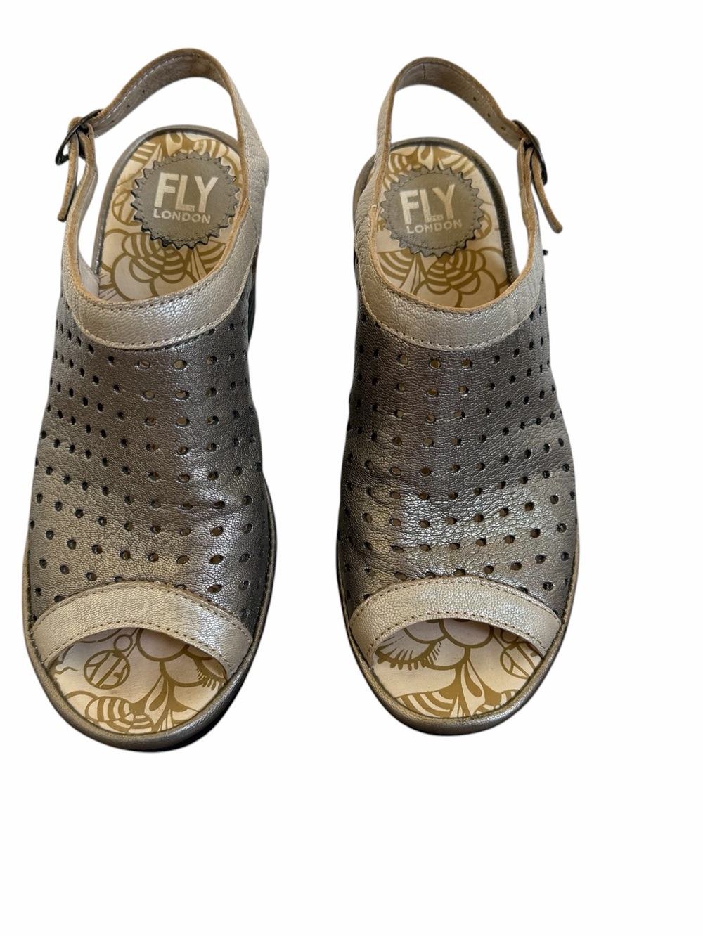 Fly London Y2K Retro Silver Perforated Peep Toe Chunky Wedge Sandals EUR 36